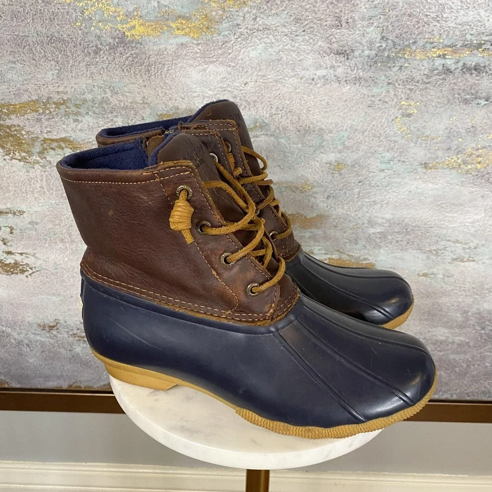 Sperry Boots Womens Size 8 Blue Brown Leather Duck Rain Ankle Zip STS91175